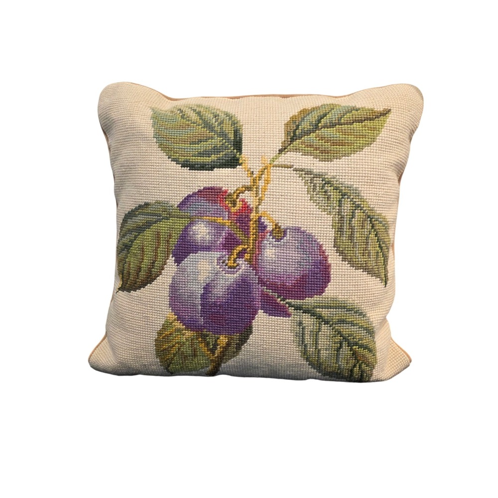 Vintage Needlepoint Plum Botanical Throw Pillow Velvet Back Cream Purple 12"